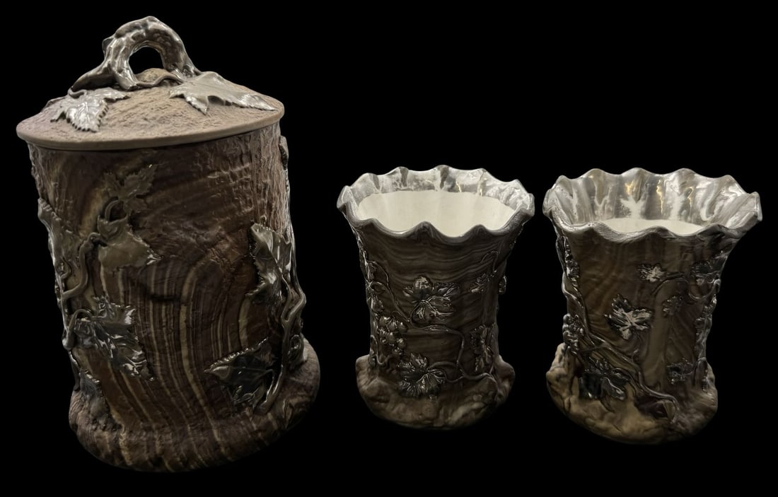 Antique ca. 1885 Art Nouveau VILLEROY & BOCH Mettlach Germany Stoneware Marbleized Tree Trunk Lidded (1 of 4)