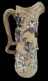 Antique 19th Cent. VILLEROY & BOCH Germany Marbleized Platinum Overlay Tree Trunk Pitcher /w Applied