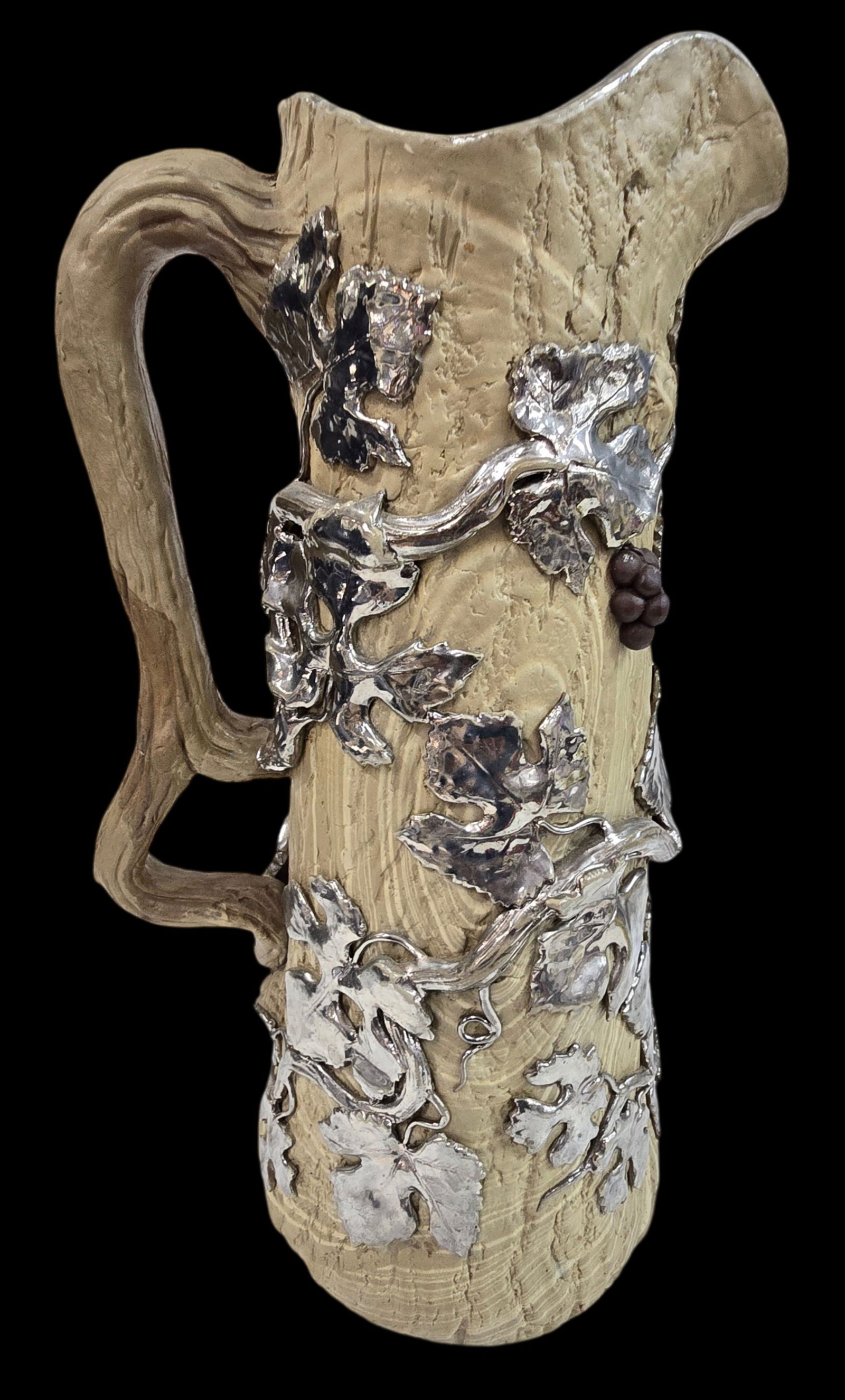 Antique 19th Cent. VILLEROY & BOCH Germany Marbleized Platinum Overlay Tree Trunk Pitcher /w Applied (1 of 6)