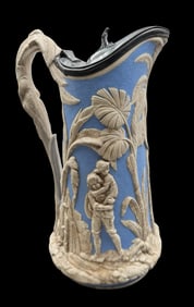 Antique ca. 1860 European High Relief Molded Parianware Jug "Paul & Virginie" /w Pewter Lid