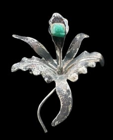 Vintage Mid-Century Modern Sterling Silver & Emerald Flower Brooch