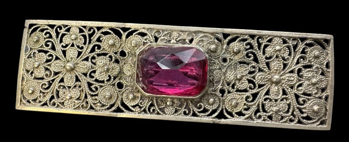 Vintage Sterling Silver /w Pink Gemstone Filigree Bar Brooch