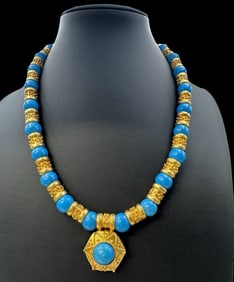 Stunning Vintage Etruscan Style Gilt Sterling Silver & Blue Howlite Pendant Necklace