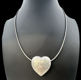 Vintage Hand Hammered Sterling Silver Heart Pendant & Stainless Steel Necklace