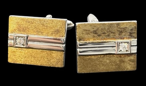 Vintage Mid-Century Gilt Sterling Silver Cufflinks /w Clear Gemstone