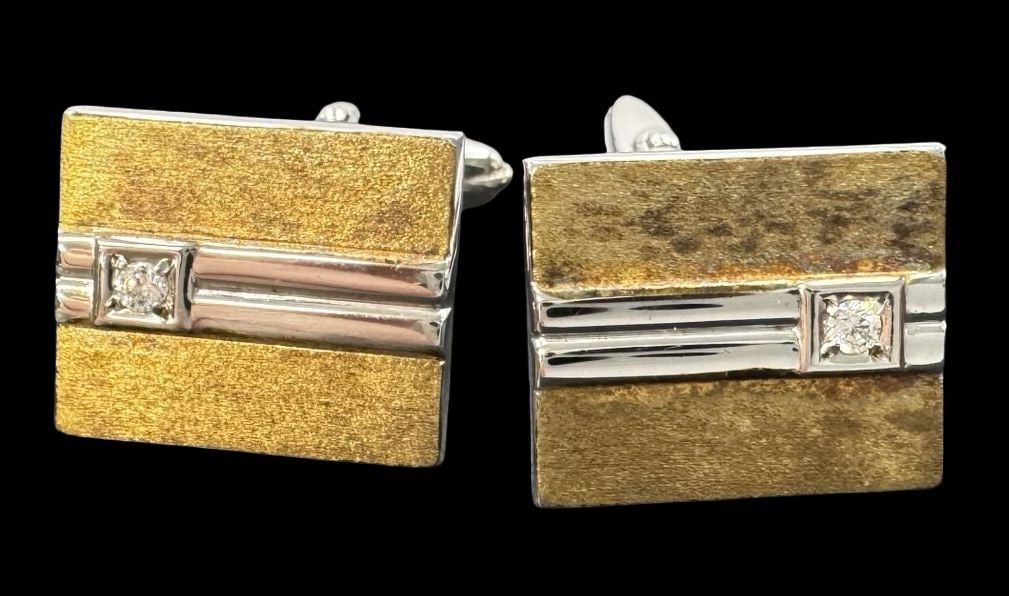 Vintage Mid-Century Gilt Sterling Silver Cufflinks /w Clear Gemstone (1 of 5)