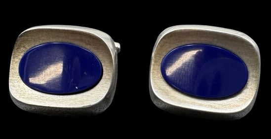 Vintage Mid-Century European 835 Silver & Blue Gemstone Cufflinks