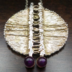 Stylish Vintage Mid-Century Modern Brutalist European 835 Silver & Amethyst Pendant Necklace