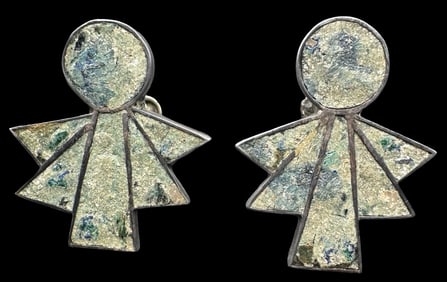 Vintage J. R. Mexico Sterling Silver & Inlaid Turquoise Earrings /w Screw Lock