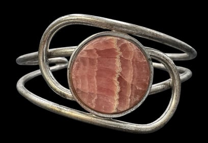 Vintage Mid-Century Modern European 835 Silver Cuff Bracelet /w Rhodochrosite