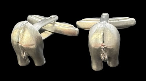 Unusual Vintage Sterling Silver Elephant Backside Cufflinks
