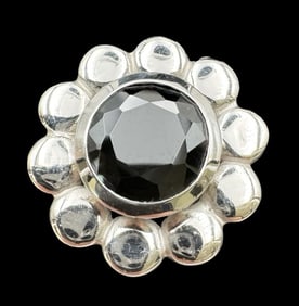 Vintage Sterling Silver & Black Gemstone Silk Scarf Holder in Flower Shape