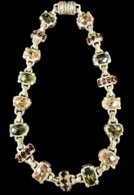 Fabulous Vintage Goldtone Metal & Multi-Color Genuine Gemstone Necklace /w Magnetic Clasp