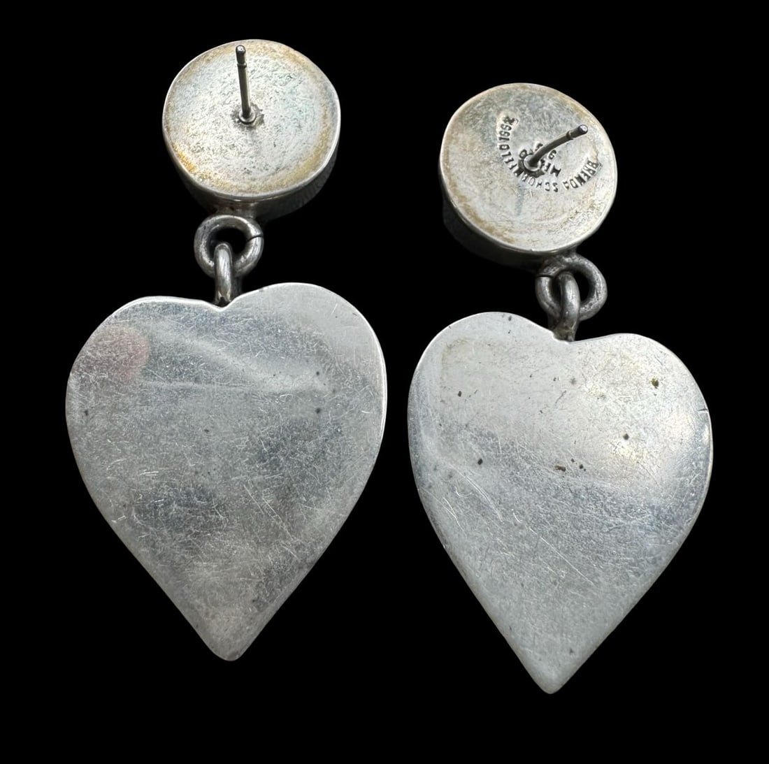 Rare Vintage 1990s BRENDA SCHOENFELD Mexico Sterling Silver Designer Heart Earrings: Very good vintage condition with minor patina according to age. Each measures approx. 1 7/8" high x 1" wide and they jointly weigh ca. 29.2 grams. Marked for Sterling Silver 7 BRENDA SCHOENFELD Mexico