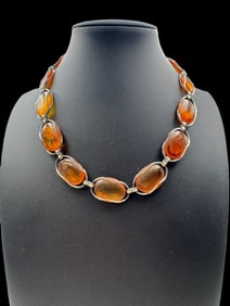Vintage Mid-Century Modern European 800 Silver& Amber Necklace