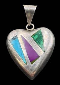 Vintage Mexican Sterling Silver & Inlaid Gemstones Heart Shaped Pendant Charm
