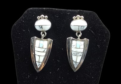 Stunning Vintage Native American Zuni Sterling Silver & Inlaid Gemstone Arrowhead Designer Earrings