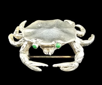 Very Unusual Vintage Sterling Silver & Green Gemstone Crab Brooch Pin
