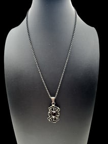 Vintage Traditional Alpine European 835 Silver & Garnet Rolo Chain Pendant Necklace