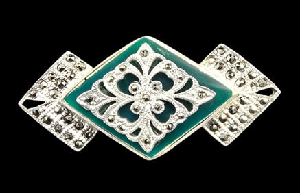 Vintage Art Deco Sterling Silver, Marcasite & Green Gemstone Brooch