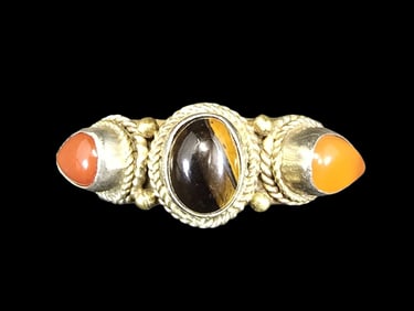 Very Unusual Handmade Vintage Multi-Metal Copper, Brass & Gemstone Tribal Style Ring