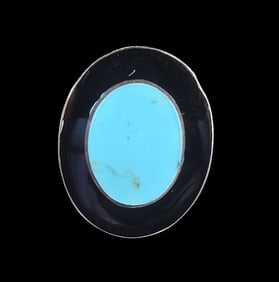 Large & Stunning Vintage Sterling Silver, Turquoise & Black Enamel Cocktail Designer Ring