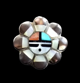 Gorgeous Vintage Native American Zuni Sterling Silver & Inlaid Multi-Gemstone Sunface Designer Ring