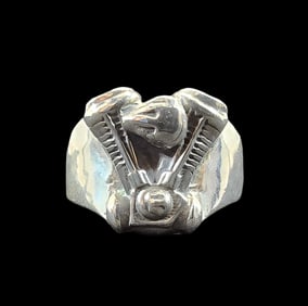 Unusual Vintage Sterling Silver Motorcycle Engine Men's Ring