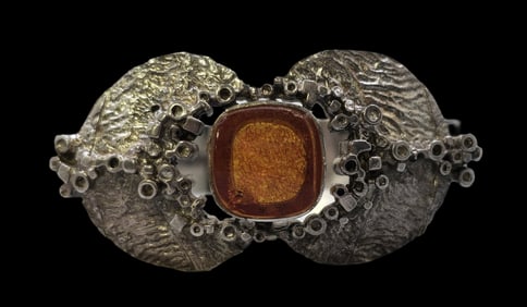 Unusual Mid-Century Modern Brutalist European 835 Silver & Baltic Amber Bracelet