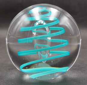 Vintage ARTCRYSTAL Bohemia Czech Republic Blue Swirl Art Glass Paperweight