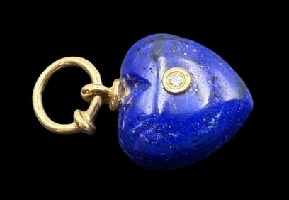 Vintage 18K Gold & Lapis Lazuli Heart Shaped Pendant /w Diamond