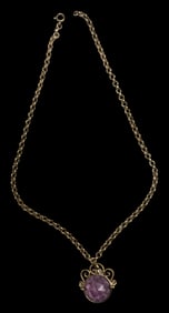 Antique 14K Yellow Gold & Hand Carved Amethyst Intaglio Pendant Necklace