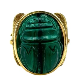 Unusual Vintage 14K Gold & Malachite Egyptian Scarab Ring