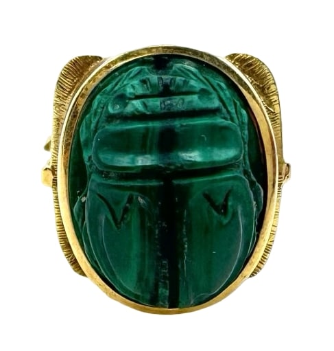 Unusual Vintage 14K Gold & Malachite Egyptian Scarab Ring: Very good vintage condition with minor patina according to age. The ring is a size 5.5 and weighs ca. 6.9 grams. Marked for 14K gold.