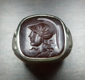 Antique European 14K White Gold & Carnelian Intaglio Greek Warrior Ring