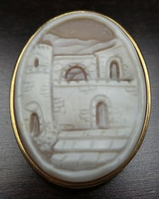Unusual Antique ca. 1930s European 18K Gold & Shell Cameo "Castle" Brooch / Pendant