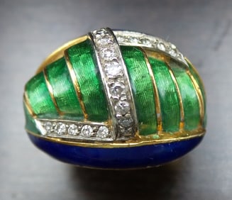 Vintage Italian 18K Gold, Diamond & Enamel Designer Ring