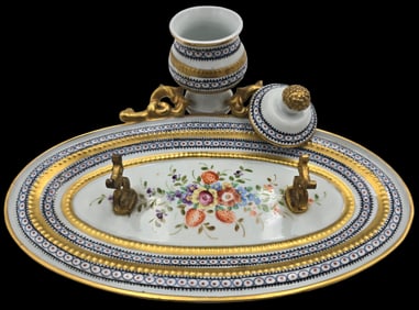 Antique Sevres France Hand Painted Porcelain & Brass Inkwell