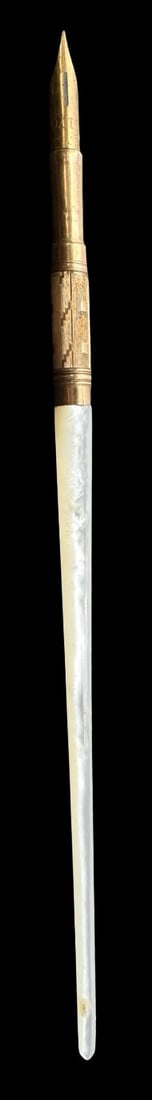 Antique Goldtone Metal Desk Dip Pen Gold /w MOP Handle: Very good antique condition with minor patina according to age. Measures approx. 6 1/4" long x 1/4"wide.