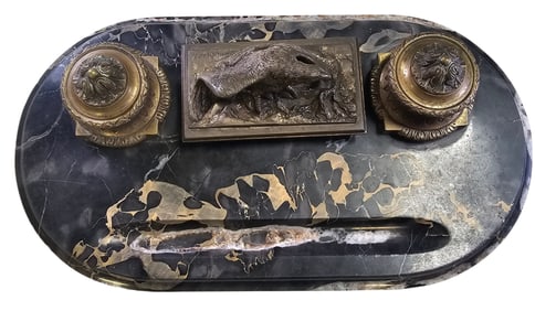 Antique 19th Century French A. MARIONNET Black Marble & Brass Inkwell & Ink Blotter