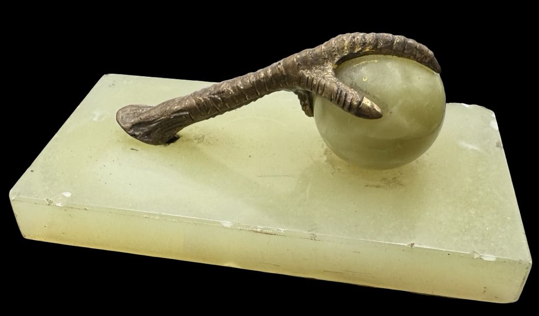 Antique 19th Century European Bronze & Green Onyx Animal Claw /w Ball Letter Holder / Paperweight: Very good antique condition with minor wear according to age. No chips, cracks or repairs. Measures approx. 4 3/4" long x 1 3/8" wide x 2 1/4" high.