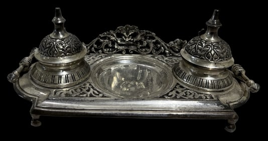 Vintage Silverplate Cast Metal Inkwell