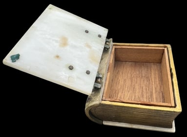 Unusual Antique Marble, Wood & Brass Book Shaped Cigarette Box