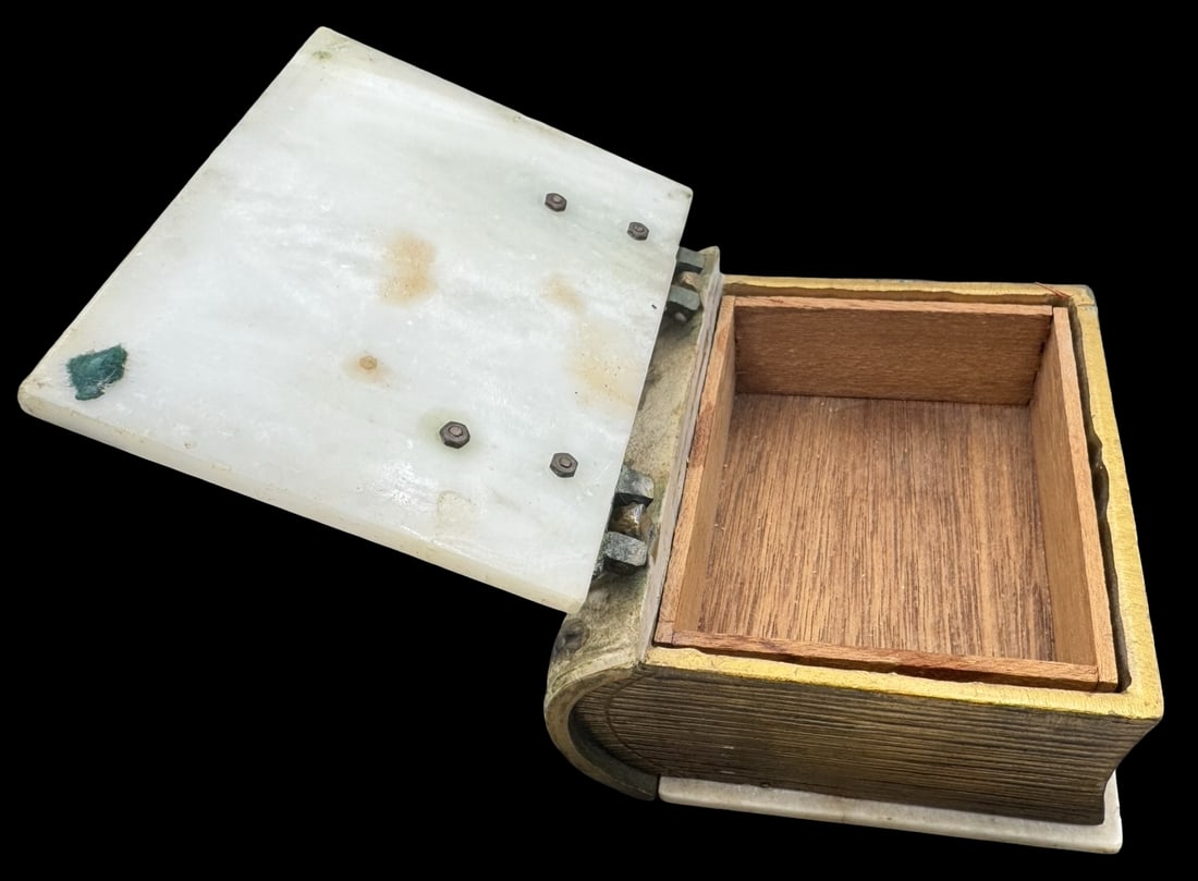 Unusual Antique Marble, Wood & Brass Book Shaped Cigarette Box (1 of 6)