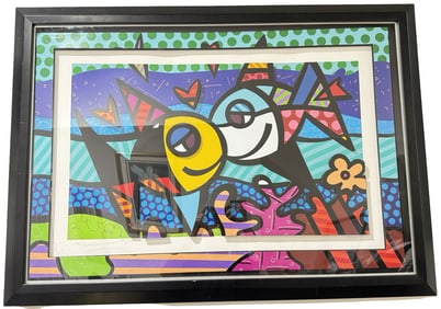 Vintage ROMERO BRITTO "Deeply in Love" Mixed Media Signed Ltd. Edition Wall Art