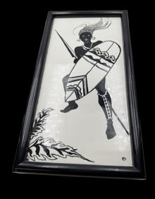 Unusual Vintage Mid-Century Hand Painted Glass or Porcelain Plaque /w African Warrior
