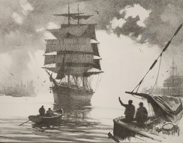 Vintage 1940 GORDON H. GRANT (1875-1962) "Home Port" Lithograph - Signed