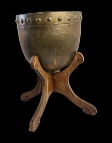 Large & Solid Vintage Mid-Century Modern Hand Hammered Brass Planter /w Wooden Stand