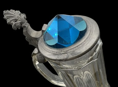 Antique German Beer Stein /w Pewter & Blue Crystal Lid