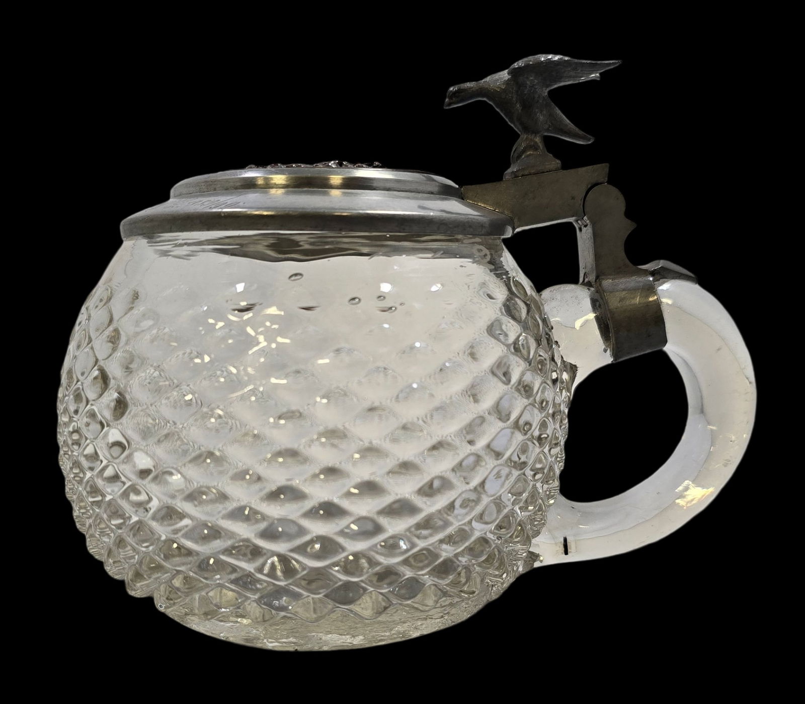 Rare Antique 1889 GERZ Germany Beer Stein /w Cat Theme: Very unusual piece in very good antique condition. Features a pewter eagle and inlaid plaque with cat theme. Measures approx. 5" high x 7 1/2" wide. Marked on the bottom and engraved on the lid.